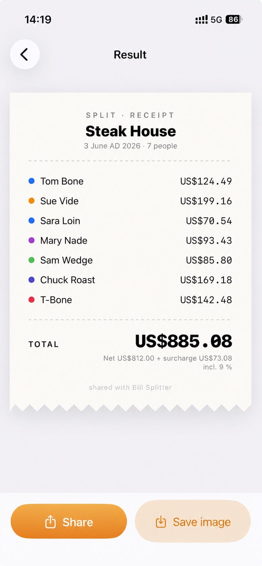 Result screen showing each person's share on a receipt